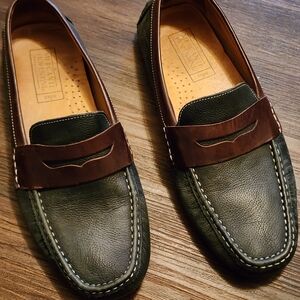 Mercanti Fiorentini Olive Green and Brown Leather Penny Loafers